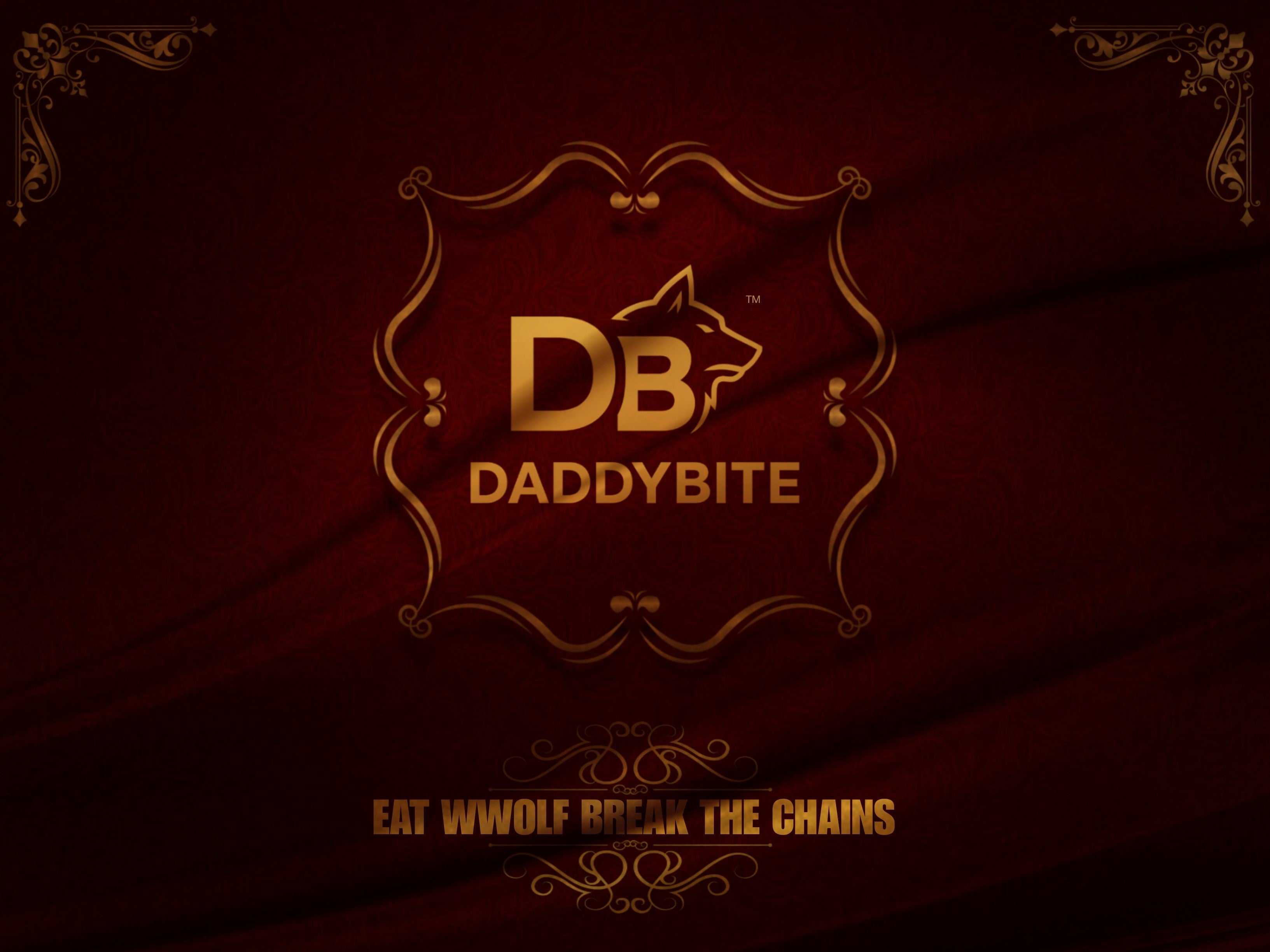Daddybite logo with gold text and wolf design on a dark red background